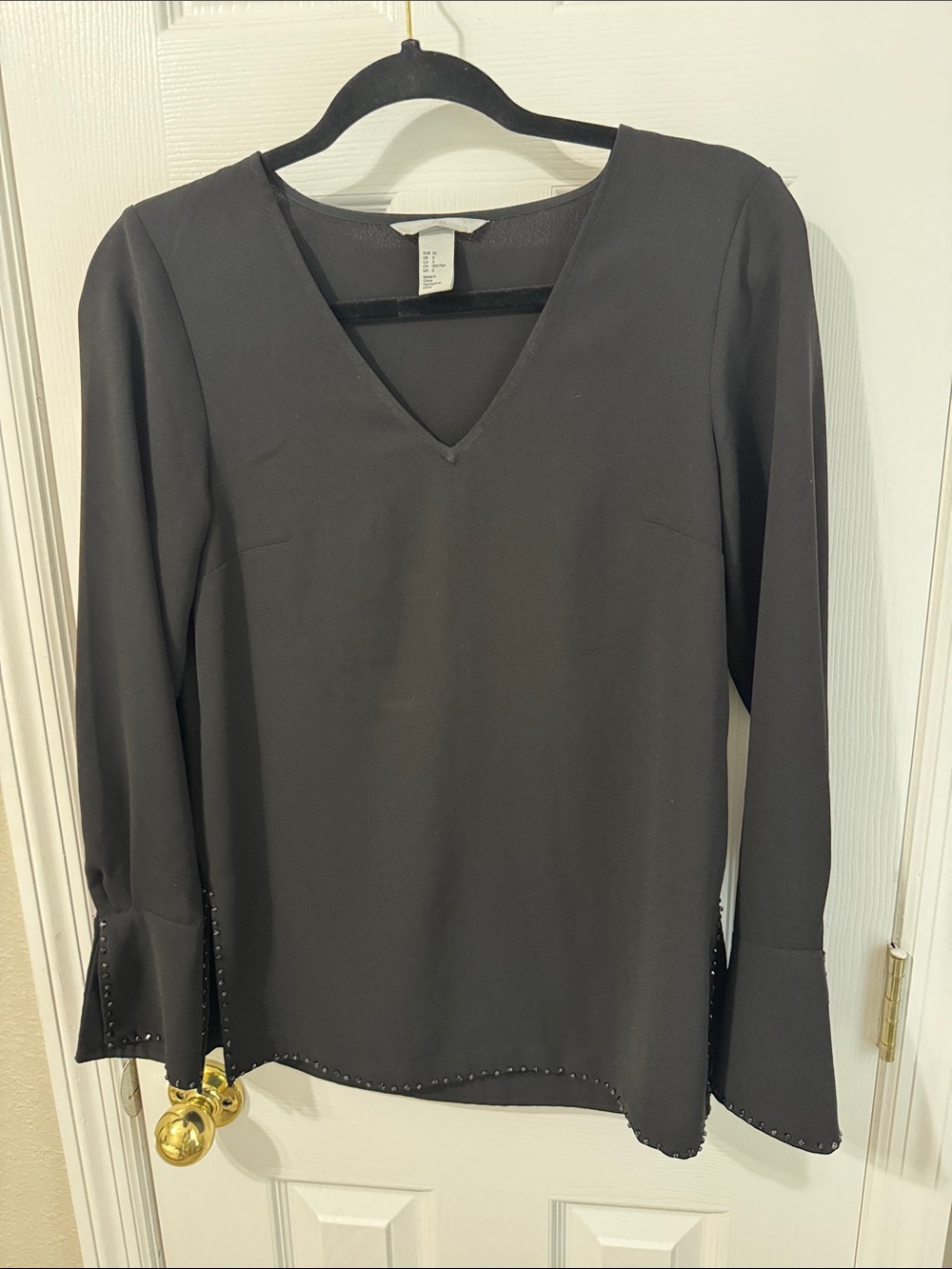 H&M Black V-Neck Long Sleeve Top with Stud Detail